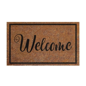 Close-up of brown loop wire doormat with Welcome text and black rectangular border