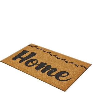Brown coir rectangular doormat with black Home text and decorative leaf border