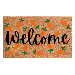Rectangle Welcome doormat featuring orange carrot patterns on textured beige fiber surface