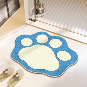 Blue cat paw faux cashmere bath mat with non-slip backing for modern home decor