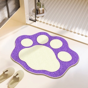 Detailed view of purple cat paw bathroom mat with thick plush texture and non-slip edge