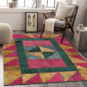 European vintage faux cashmere rug with colorful Bohemian patchwork patterns for living room