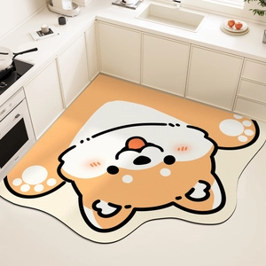 Detail of Shiba Inu kitchen mat showing non-slip texture and corner-fitting shape