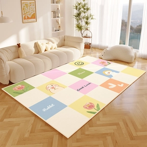 Macro shot of macaron checkered rug with cute rabbit and tulip patterns in modern living room