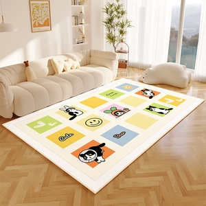 Detail of cartoon bear rug with soft checkered patterns on a wooden floor