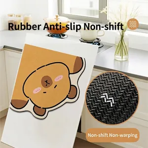 Yellow cartoon bear diatom mud kitchen mat with non-slip rubber backing and textured surface