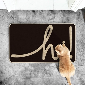 Modern minimalist dark brown welcome mat with hi! lettering and a cat on grey floor