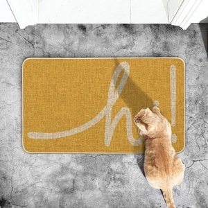 Detailed top view of modern yellow doormat with white hi text and a ginger cat beside it