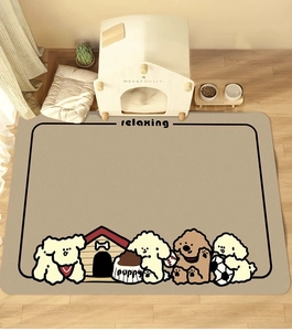 Cozy indoor pet mat featuring cute cartoon dogs and relaxing text on soft wood floor