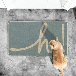 Close-up of a non-slip grey-blue doormat with 'hi!' text and a cat on the side