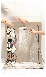 Detail of easy to clean cartoon dog pet mat being rinsed with water to remove hair