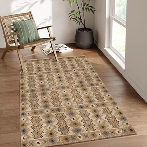Ethnic geometric pattern cashmere-like rug in warm earth tones for a cozy living room