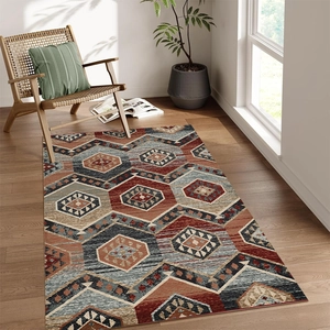 Classic geometric faux cashmere rug in navy and deep red for living room decor