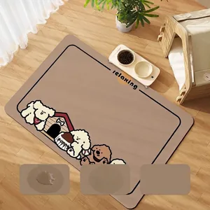 Modern absorbent diatom mud pet feeding mat with cartoon dogs on light wood floor