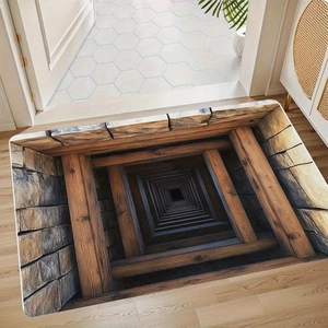 Detailed close-up showing the 3D optical illusion wood pit design on a bathroom floor mat