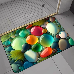 Detail der modernen bunten 3D-Kieselsteinmuster auf saugfähiger rutschfester Badematte