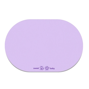 Detail view of lavender oval pet mat with sweet baby text and cute cat icons