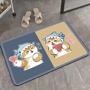 Cute shark cat diatom mud absorbent mat with orange cartoon cats for home entryway