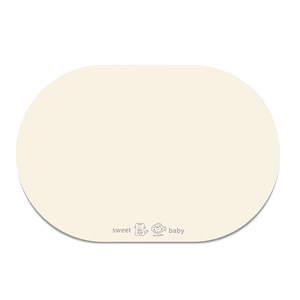 Close-up of cream-white leather pet feeding mat with cute kitten and sweet baby print