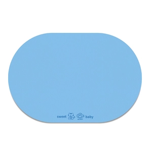 Close-up of a light blue diatom mud pet mat with a sweet baby print and cat graphics