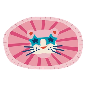 Absorbent bath mat detail with cartoon pink leopard wearing blue star sunglasses