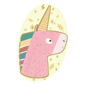 Detail view of cartoon unicorn head illustration on absorbent diatom mud bathroom mat