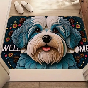Shih Tzu diatom mud door mat with bohemian art and Welcome text on wooden floor