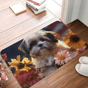 Detail of Shih Tzu and sunflower diatom mud mat on a warm wooden floor with slippers