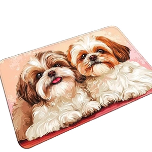 Absorbent diatomaceous mud mat with Shih Tzu dogs illustration for entryway and bathroom