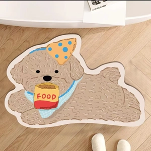 Saugfähige Badematte in Cartoon-Hundeform auf hellem Holzboden für die Inneneinrichtung