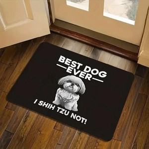 Black Shih Tzu dog diatom mud doormat with funny text on a rustic wooden floor