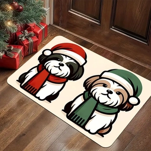 Christmas theme rectangular door mat featuring two cute cartoon dogs in festive hats