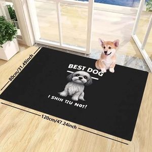 Macro detail of Shih Tzu door mat with funny text on wooden floor, size 80x120cm