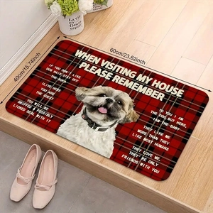 Detail of red plaid dog doormat with humor text on light wood floor with beige shoes