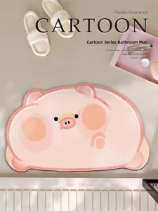 Close-up of pink pig-shaped absorbent bath mat with soft non-slip flocking texture