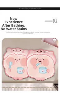 Detail view of pink cartoon pig diatom mud mat showing fast water absorption layers