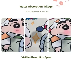 Macro sequence showing rapid water absorption process on Crayon Shin-chan bath mat