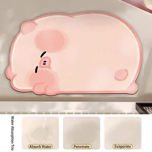 Pink cartoon pig diatom mud bath mat with rapid water absorption and anti-slip backing