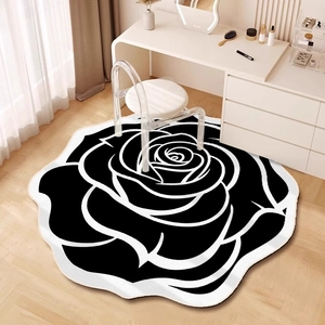 Irregular black and white camellia shaped decorative rug for bedroom and vanity area