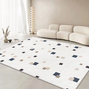 Modern minimalist white faux cashmere rug with blue and brown geometric abstract blocks