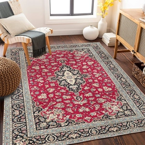Classic red Persian rug with medallion pattern on wood floor in a modern living room