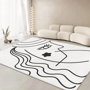 Detail of artistic modern faux cashmere rug with minimalist female face line art