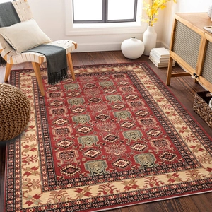 Close-up of Persian bohemian area rug with red ethnic patterns on dark wood floor