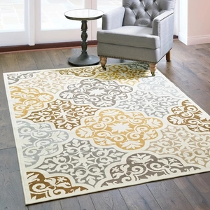 Damascus pattern rectangular faux cashmere rug in mustard yellow and grey for living rooms