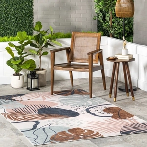 Detailed texture of tropical leaf pattern rug with Morandi tones and tight stitching
