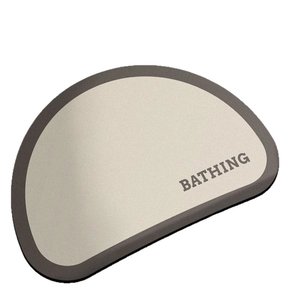 Non-slip D-shaped bath mat with BATHING text in gray and white minimalist style