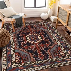 Bohemian geometric rug with navy and rust red patterns for living room decor