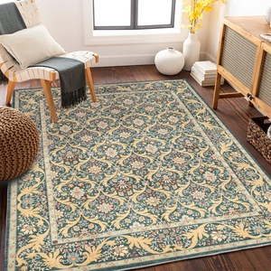 Bohemian Persian rug with vintage floral patterns in beige and blue for modern living rooms