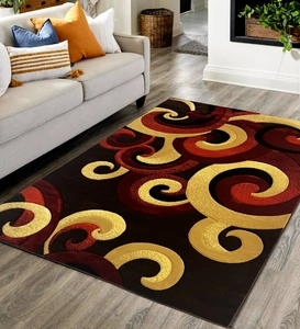 Detailed view of modern nordic rug with dynamic gold and red swirls on dark brown base