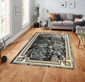 Detailed marble texture of the modern Nordic rug with elegant gold geometric borders